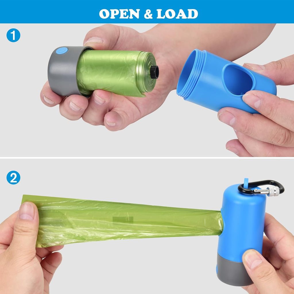 Rechargeable Dog Poop Bag Dispenser with LED Flashlight - Pet Waste Bag Holder for Leash with Carabiner Clip - Night Dog Walking Accessories & Safety Light, Includes 15 Extra Thick Waste Bags