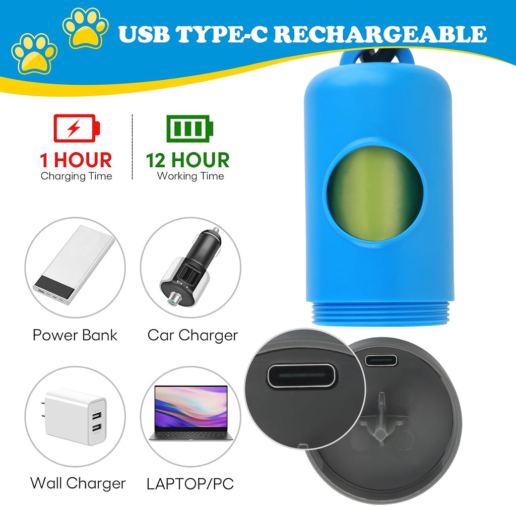 Rechargeable Dog Poop Bag Dispenser with LED Flashlight - Pet Waste Bag Holder for Leash with Carabiner Clip - Night Dog Walking Accessories & Safety Light, Includes 15 Extra Thick Waste Bags